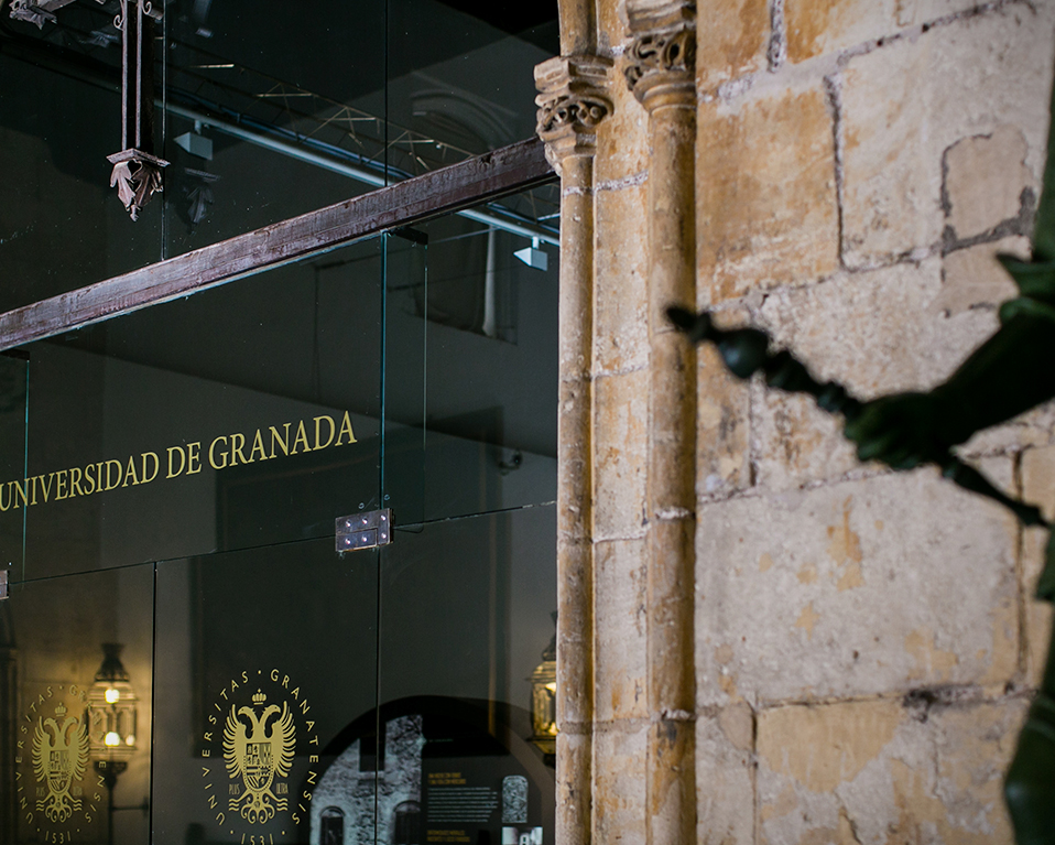 Detalle puerta de cristal del Hospital Real junto a estatua donde se aprecia el logo de la Universidad de Granada en la puerta y parte de la estatua